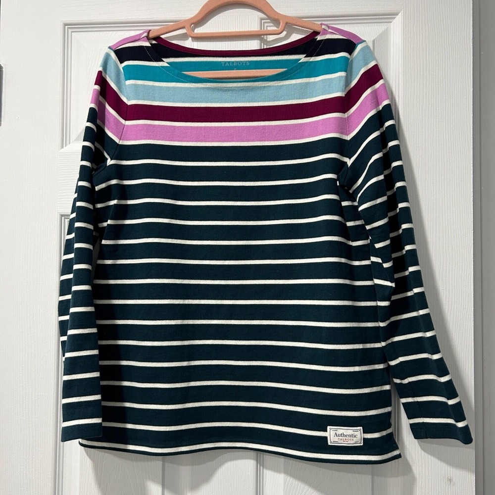 Talbots Authentic BoatNeck Long Sleeve Tee Multi Stripe 100% Cotton Size M‎
